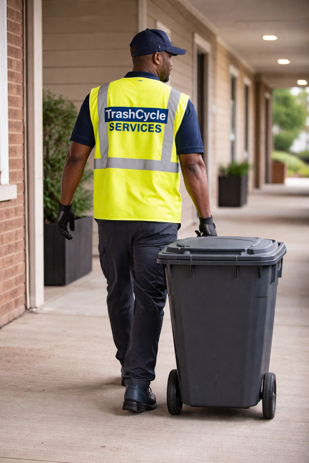 A sanitation worker in an orange uniform pushes a white trash bin down the sidewalk near a building with dark gray and wooden exterior walls.