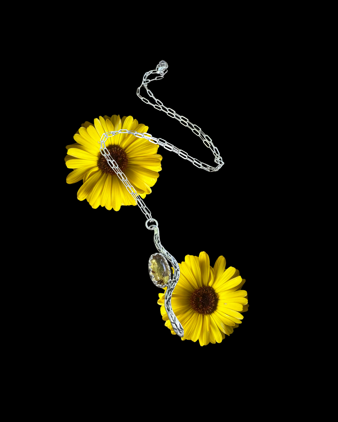 Serpents Slither Amber Silver Necklace