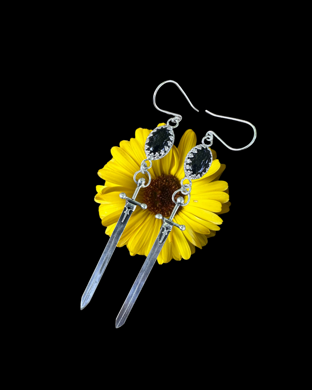 Onyx Sword Earrings in Silver