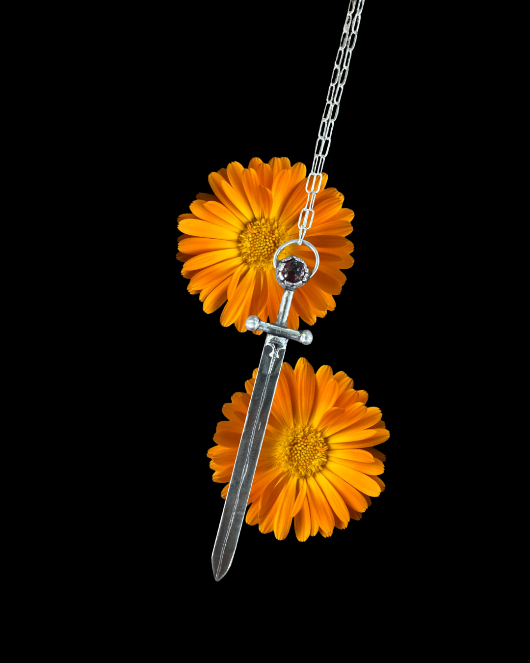 Sword + Garnet Necklace in Sterling Silver