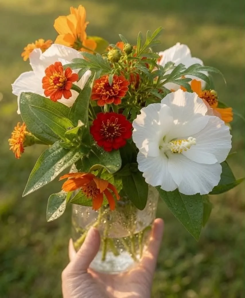 A hand holding a glass jar with a bouquet of colorful flowers including orange, red, and white blooms, and green leaves, outdoors with blurred grass background.