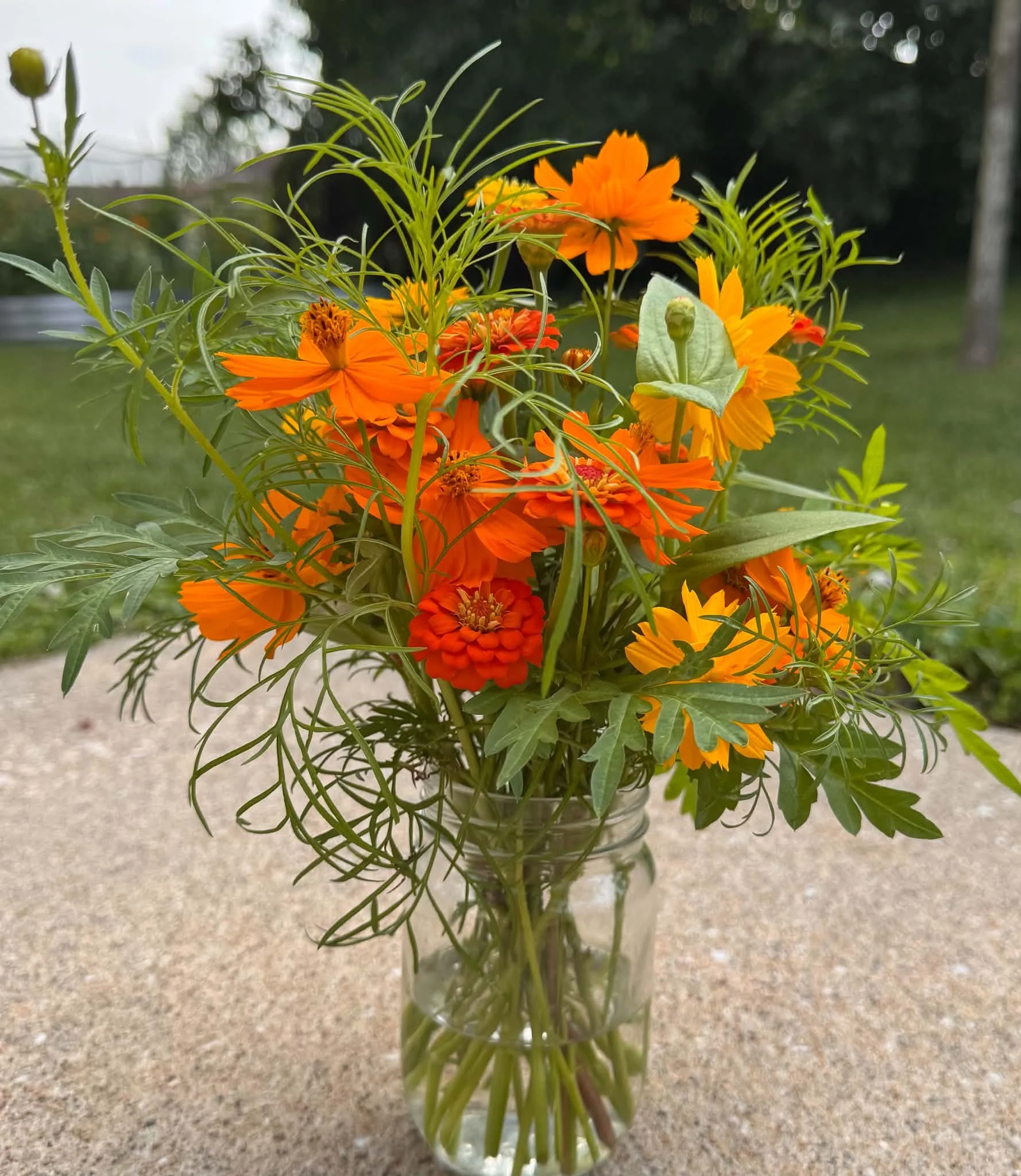 A glass vase filled with a bouquet of orange flowers, green leaves, and greenery, placed on a speckled surface outdoors with blurred trees in the background.