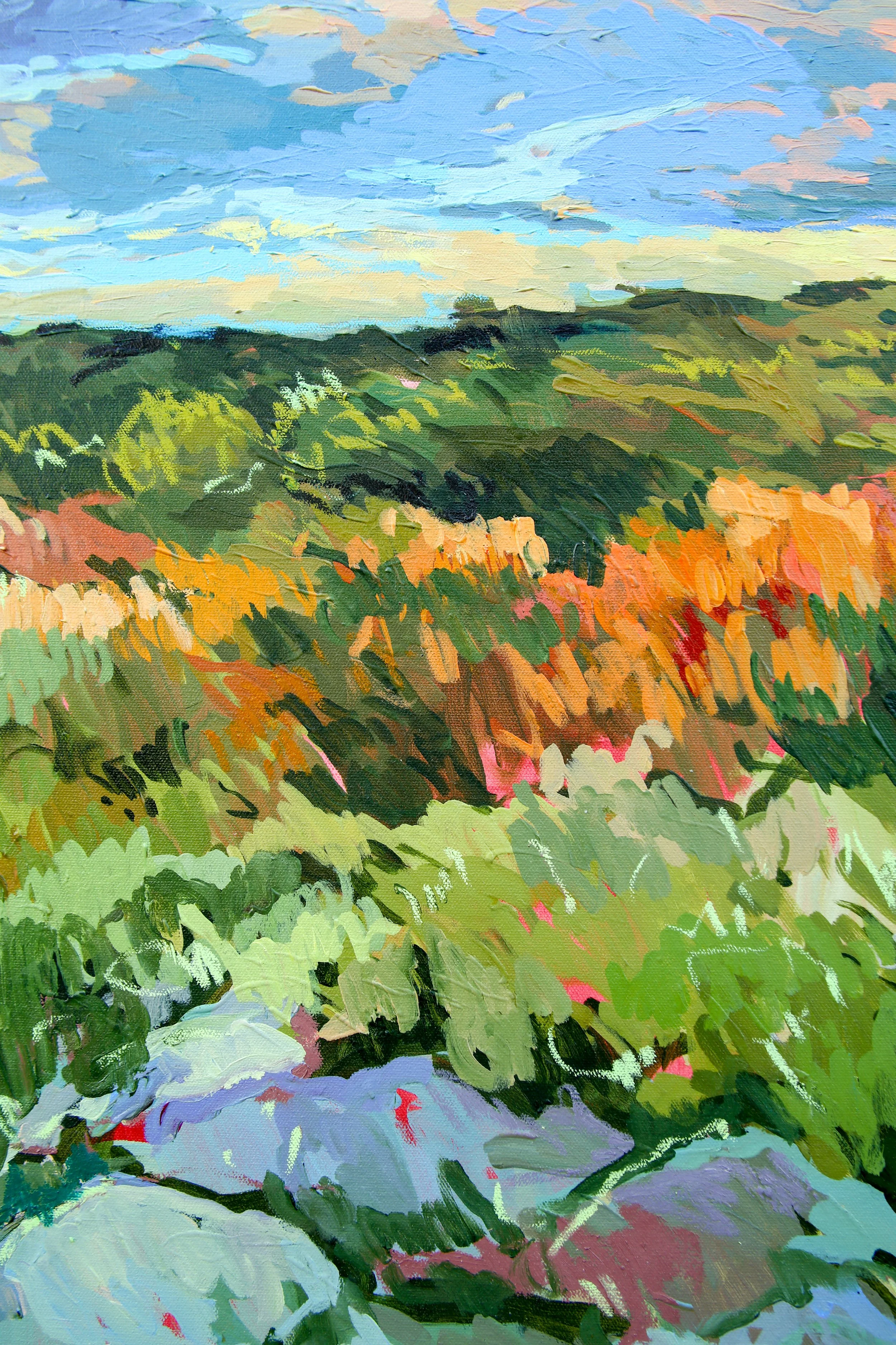 Close-up detail of textured acrylic and oil pastel landscape painting in green and ochre tones.