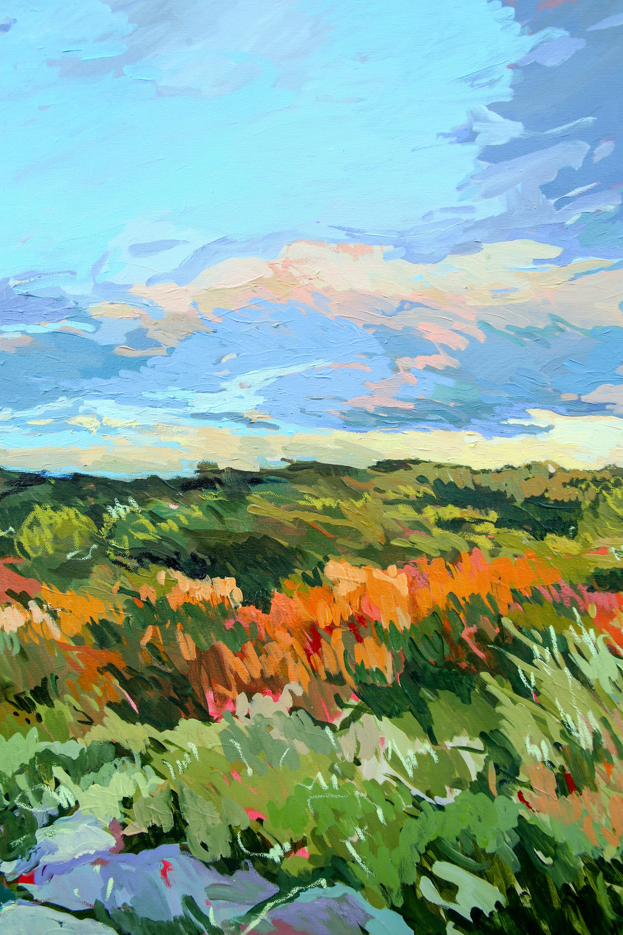 Close-up detail of textured acrylic and oil pastel landscape painting in green and ochre tones.