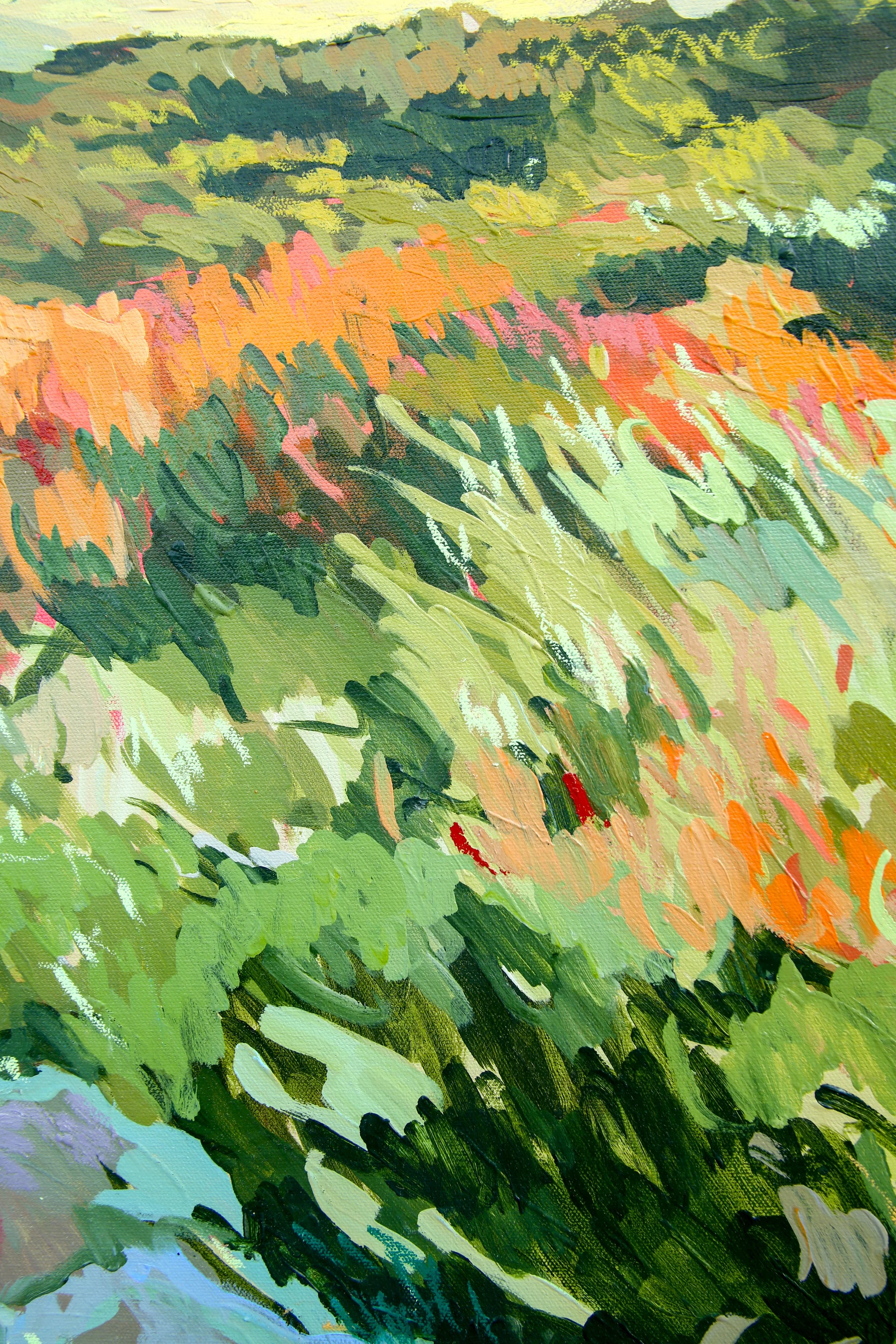 Close-up detail of textured acrylic and oil pastel landscape painting in green and ochre tones.