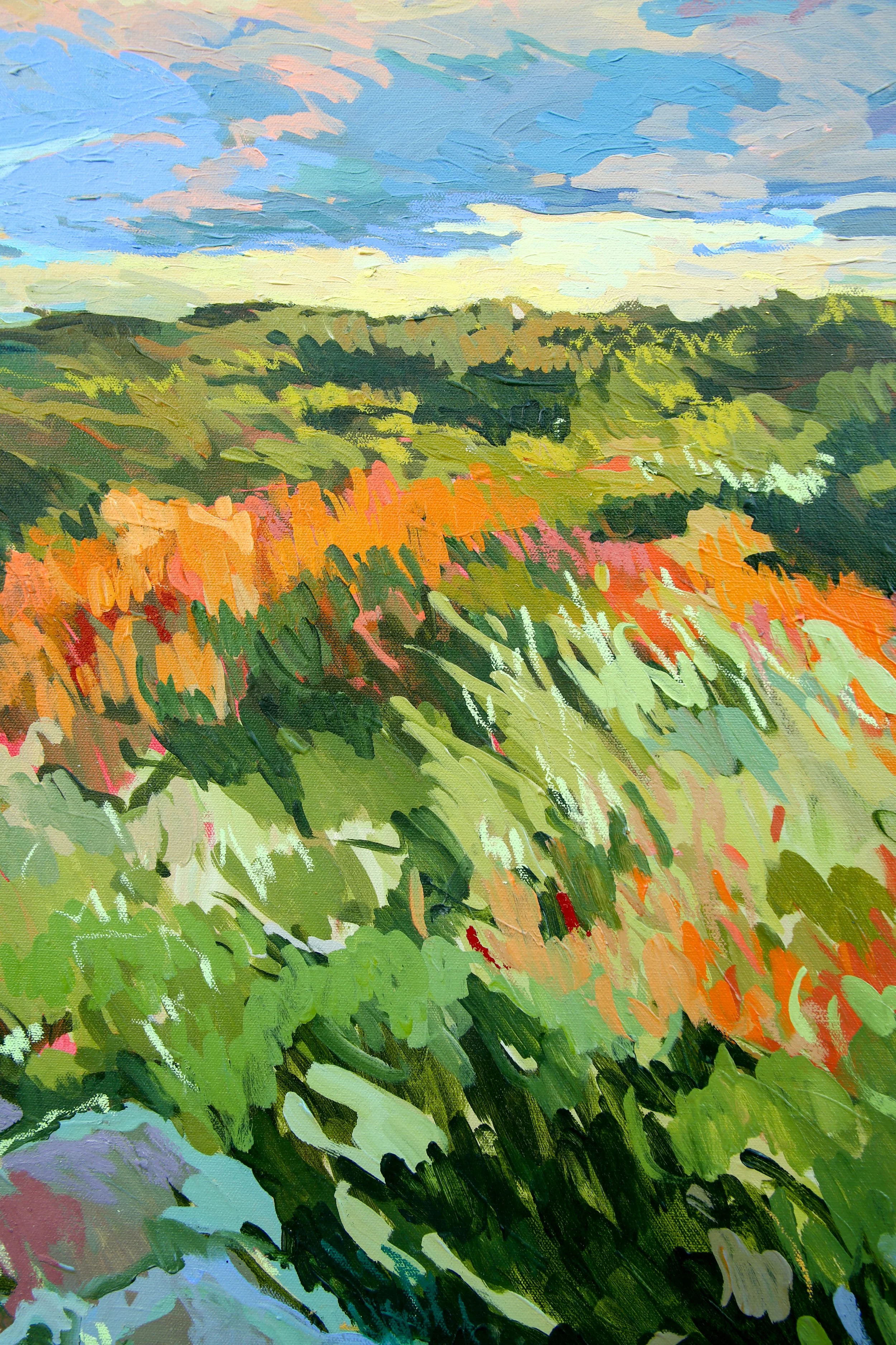 Close-up detail of textured acrylic and oil pastel landscape painting in green and ochre tones.