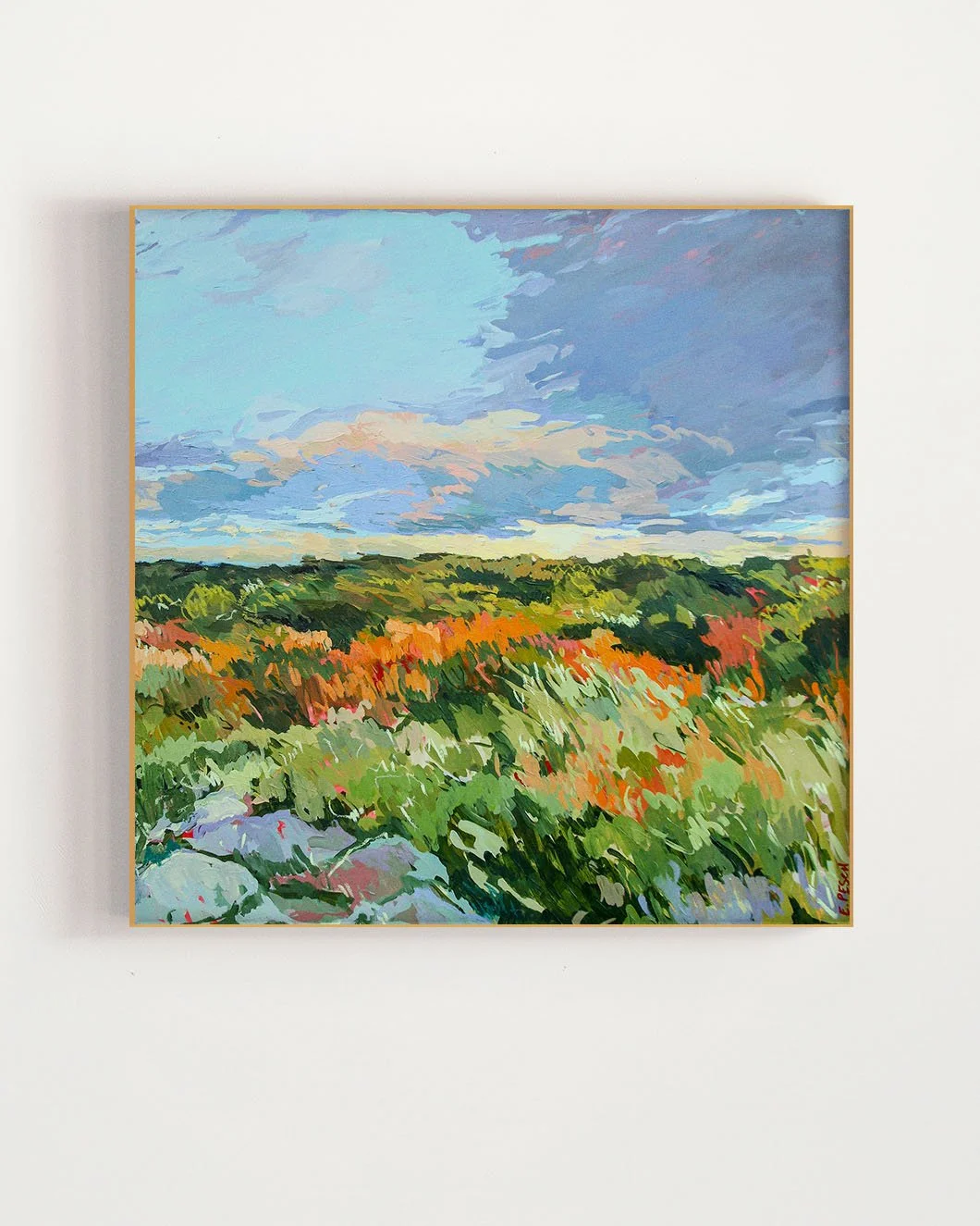 Textured coastal landscape painting of tall grasses and estuary light inspired by the Ventura riverbed in California.