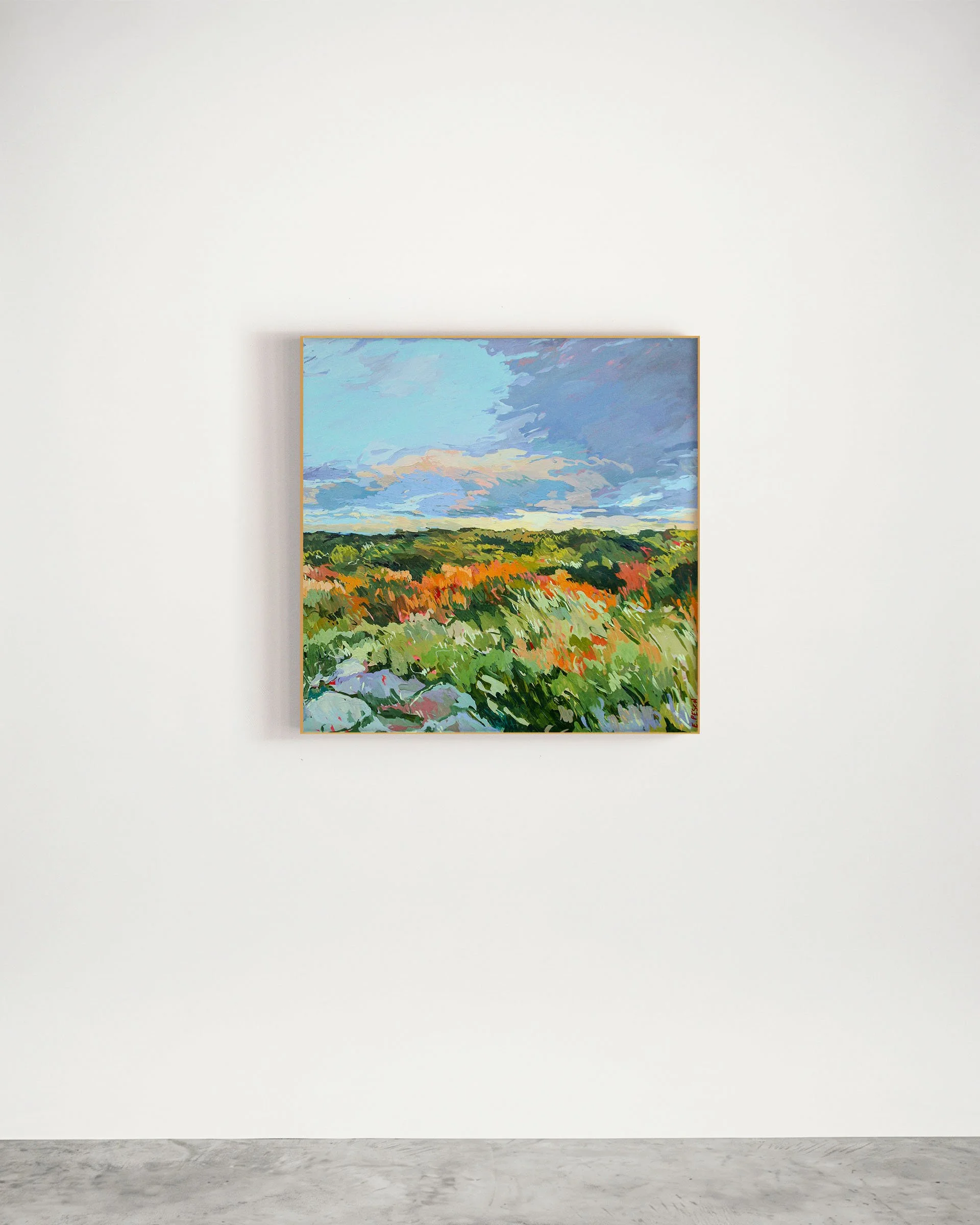 Textured coastal landscape painting of tall grasses and estuary light inspired by the Ventura riverbed in California.
