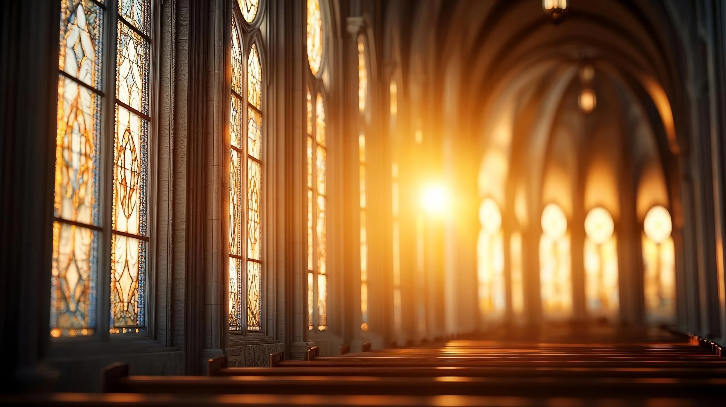 Sunlight streams through stained glass windows inside a cathedral, casting a warm glow on the interior arches and pews.