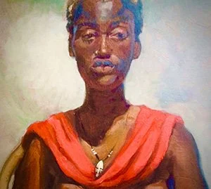 JaeMe Bereal Painting of Woman in Red Dress with Necklace