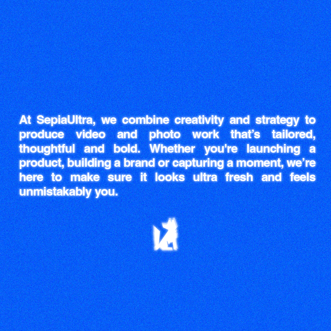 Blue background with white text about SepiaUltra's video and photo work services, and a small white logo of a sitting fox at the bottom.