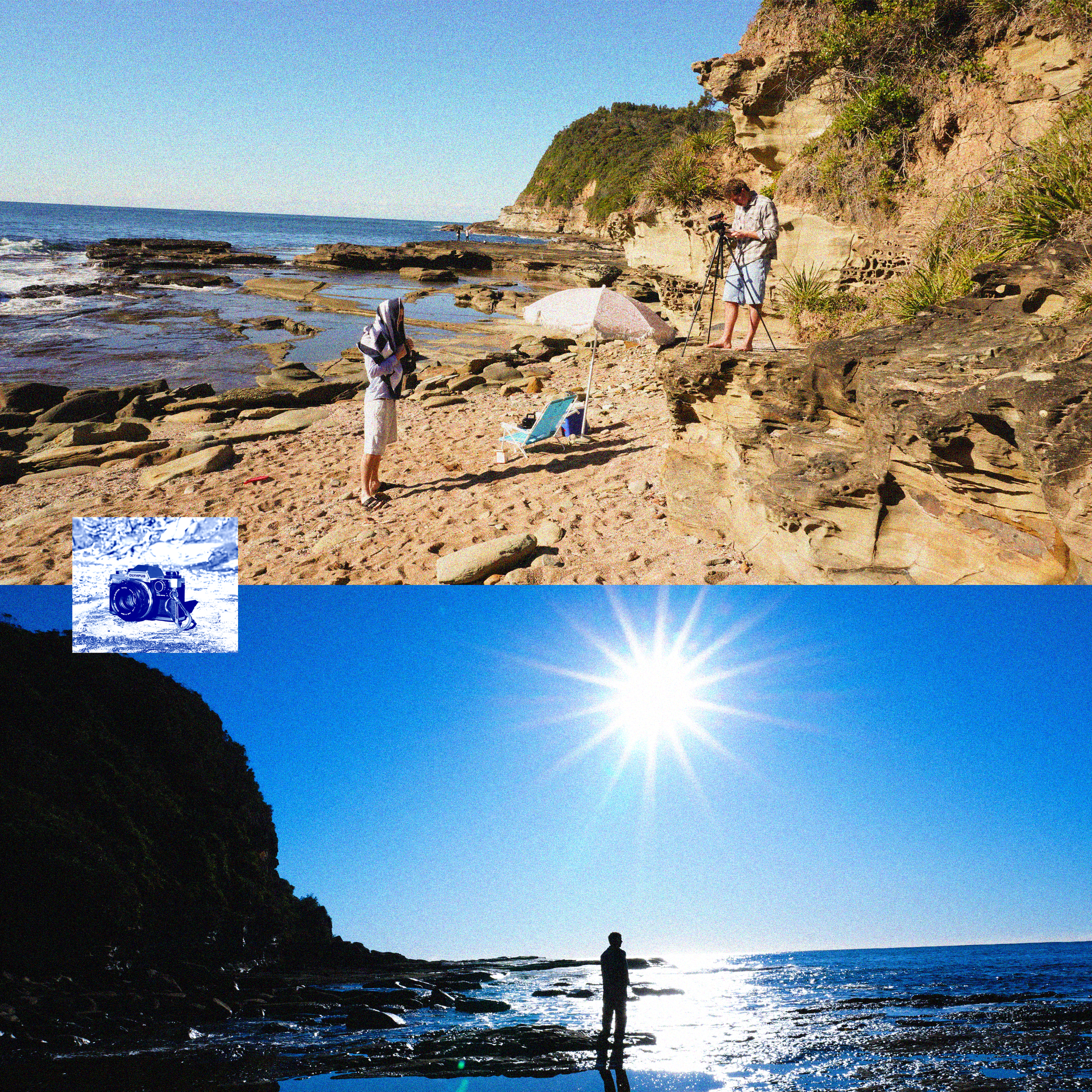 Two beach scenes: the top shows two people, one setting up camera equipment on rocky cliffs by the ocean, and the other with a towel over their head standing on the sandy beach near a beach chair and umbrella. The bottom scene depicts a person standing on rocks by the ocean under a bright sun, with the coastline and cliffs in silhouette.