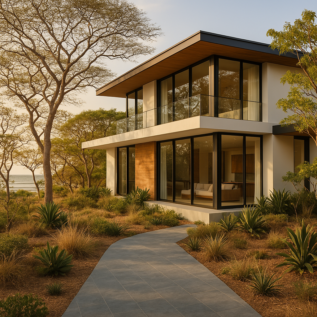 A luxury modern tropical house exterior with grey-blue natural stone flooring and no stone wall. The.jpeg