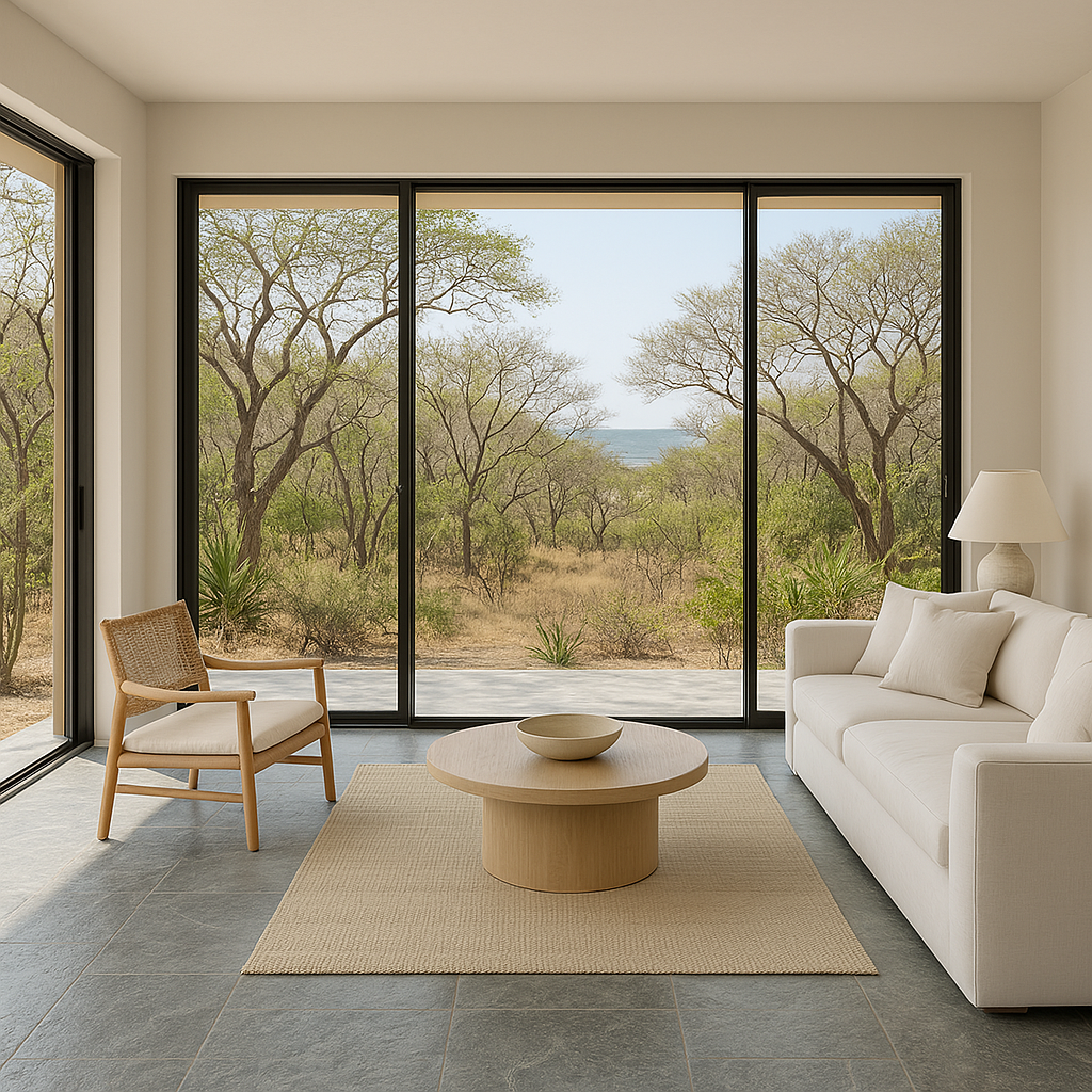 An elegant indoor living room in a modern tropical house with grey-blue natural stone flooring. The .jpeg