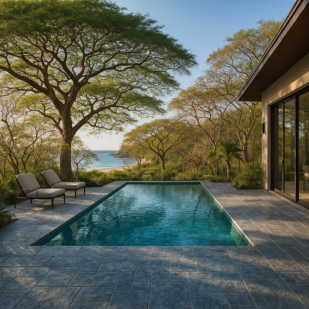 A luxurious tropical outdoor pool area with blue-grey natural stone tiles, inspired by Costa Rican d.jpeg
