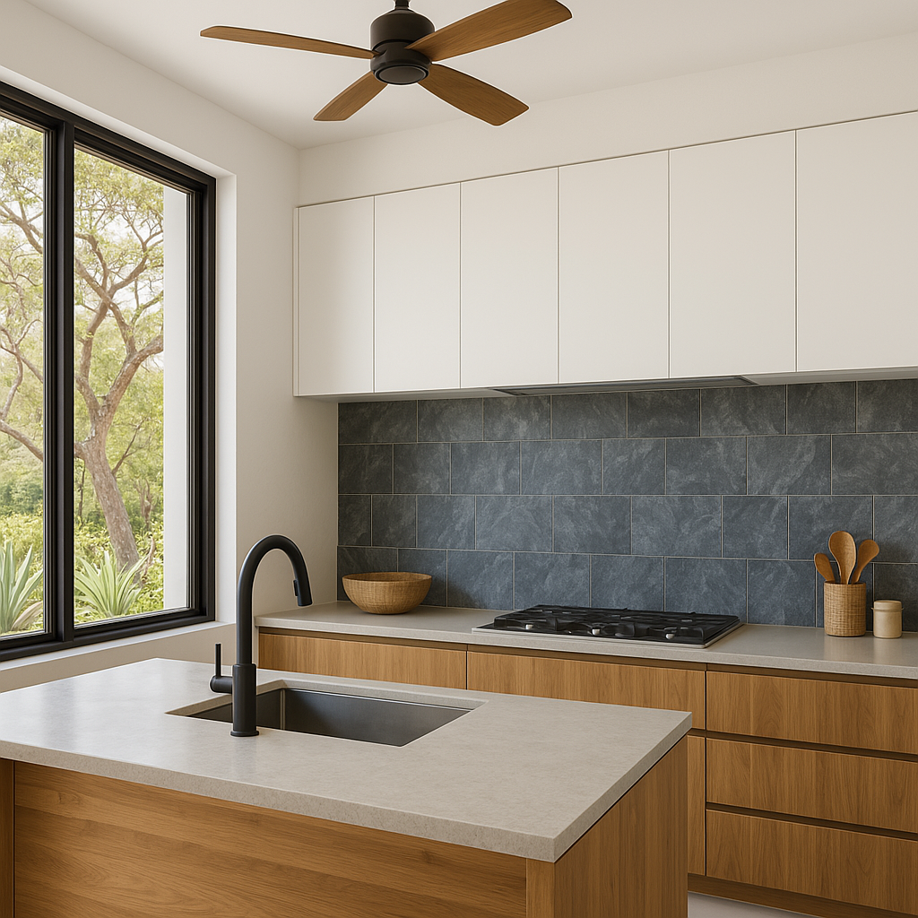 A modern tropical kitchen interior with grey-blue natural stone used as a feature wall and backsplas.jpeg