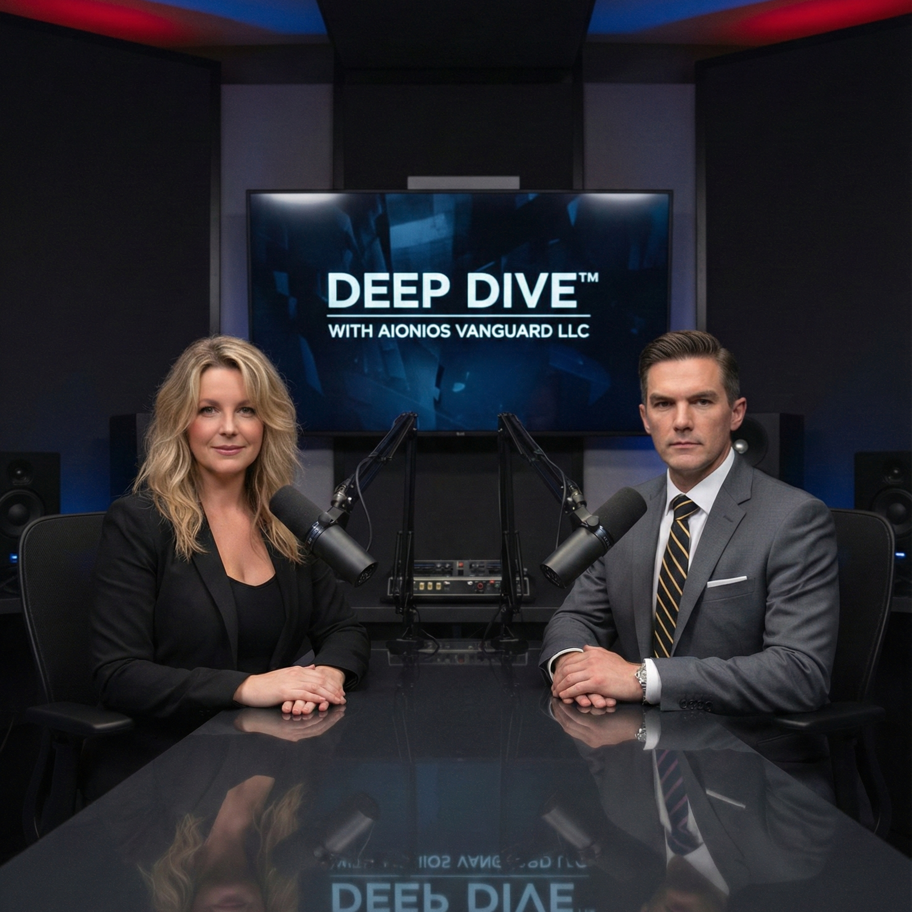 Two news anchors, a woman with blond hair and a man with dark hair, sit at a reflective black table in a studio setting with microphones in front of them. Behind them, a large screen displays the title 'Deep Dive' with additional text below.