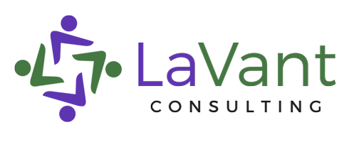 Logo for LaVant Consulting featuring stylized purple and green interconnected figures and text