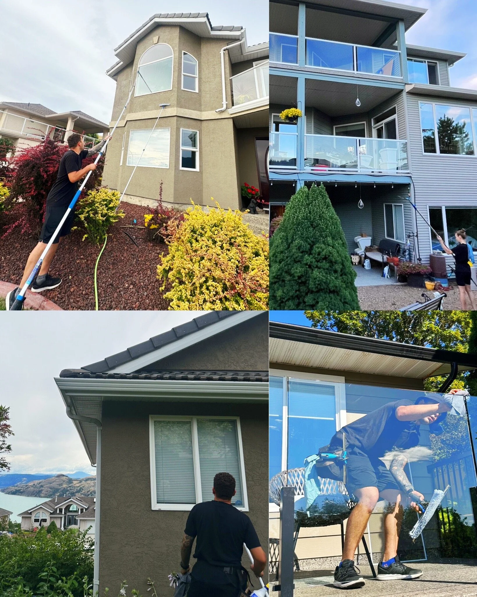 Collage of four photos showing people cleaning exterior windows and screens of residential houses.