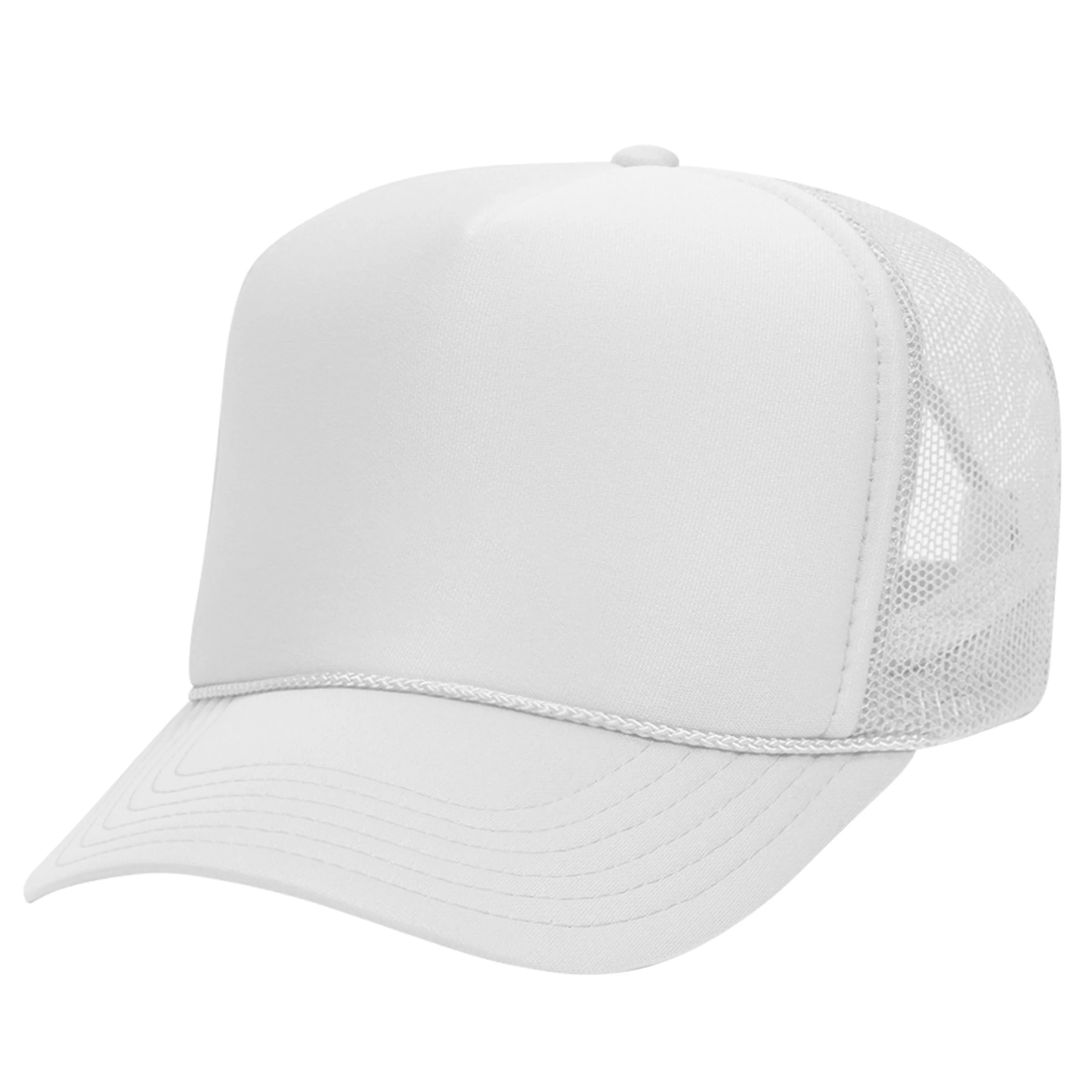 A white baseball cap with mesh side panels and a curved brim.