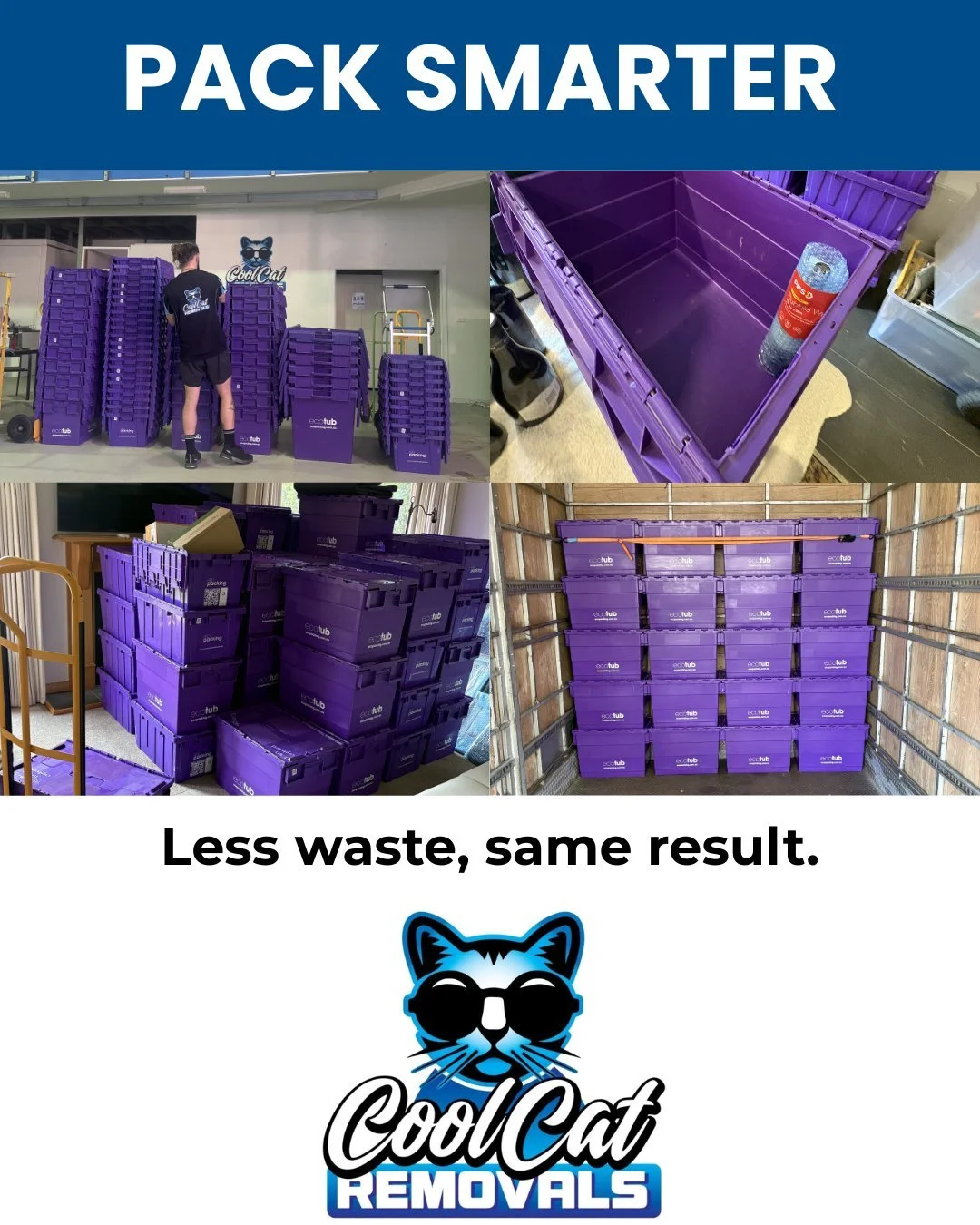 Our reusable tubs replace cardboard boxes, reduce waste and make packing and unpacking quicker.

Less mess, less waste, same result.

Our tubs are delivered before your move, collected after you&rsquo;ve unpacked, no extra hassle.

👉 Ask us about ou