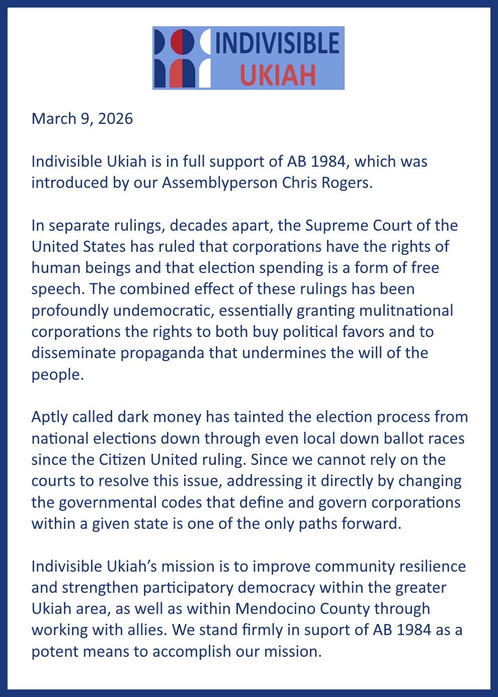 Support AB 1984 to get corporate money out of elections