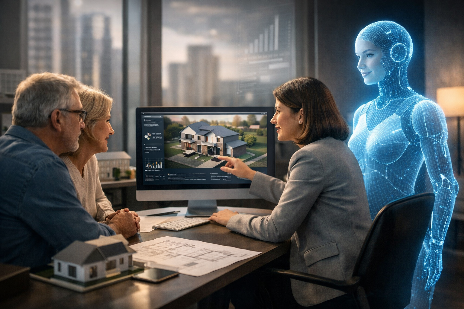 AI-assisted real estate consultation showing an agent reviewing a home design with clients, illustrating how technology supports professional real estate services.
