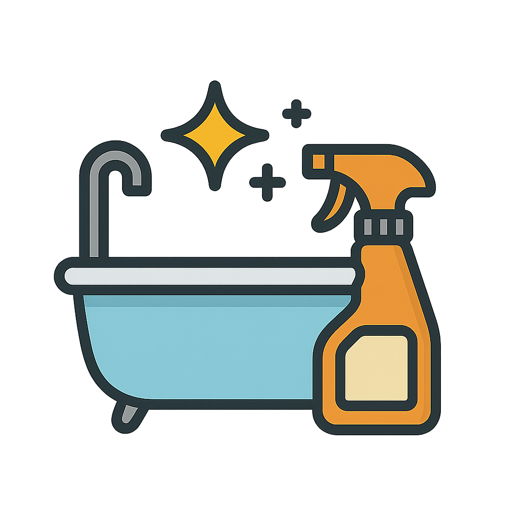 An illustration of a bathtub with a faucet, a cleaning spray bottle, and sparkles indicating cleaning.
