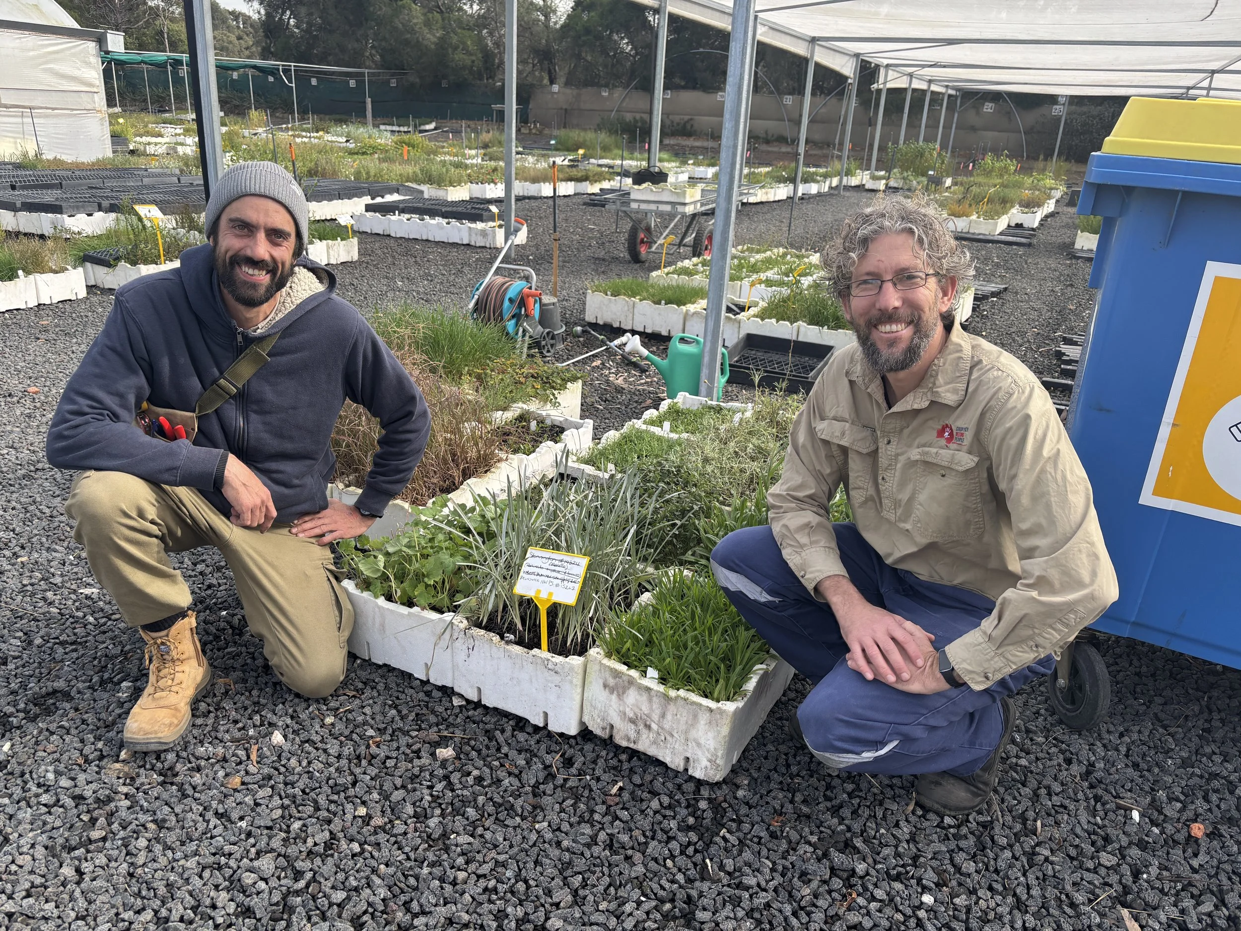 Jules from VINC and Ian from Living Dirt Landscapes together with our 600 tubestocks purchased using funds from 'Tribute Tubestocks'