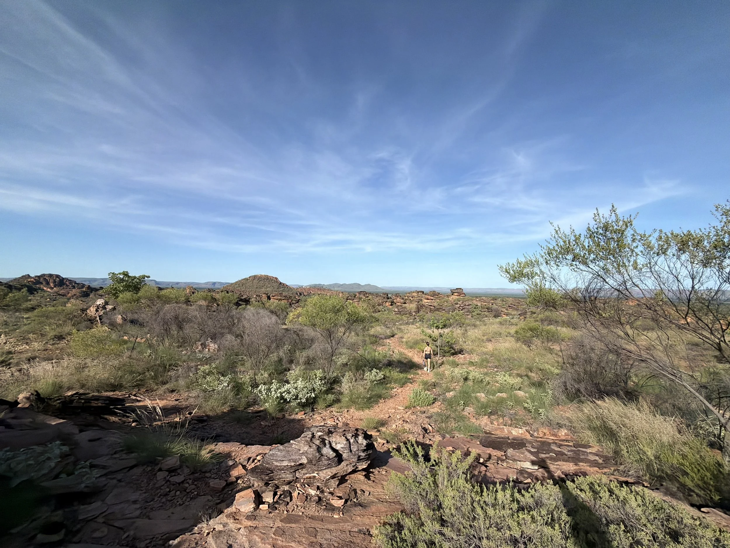 A person walking along a trail in a dry, rocky desert landscape with sparse green bushes and trees, under a clear blue sky with wispy clouds.