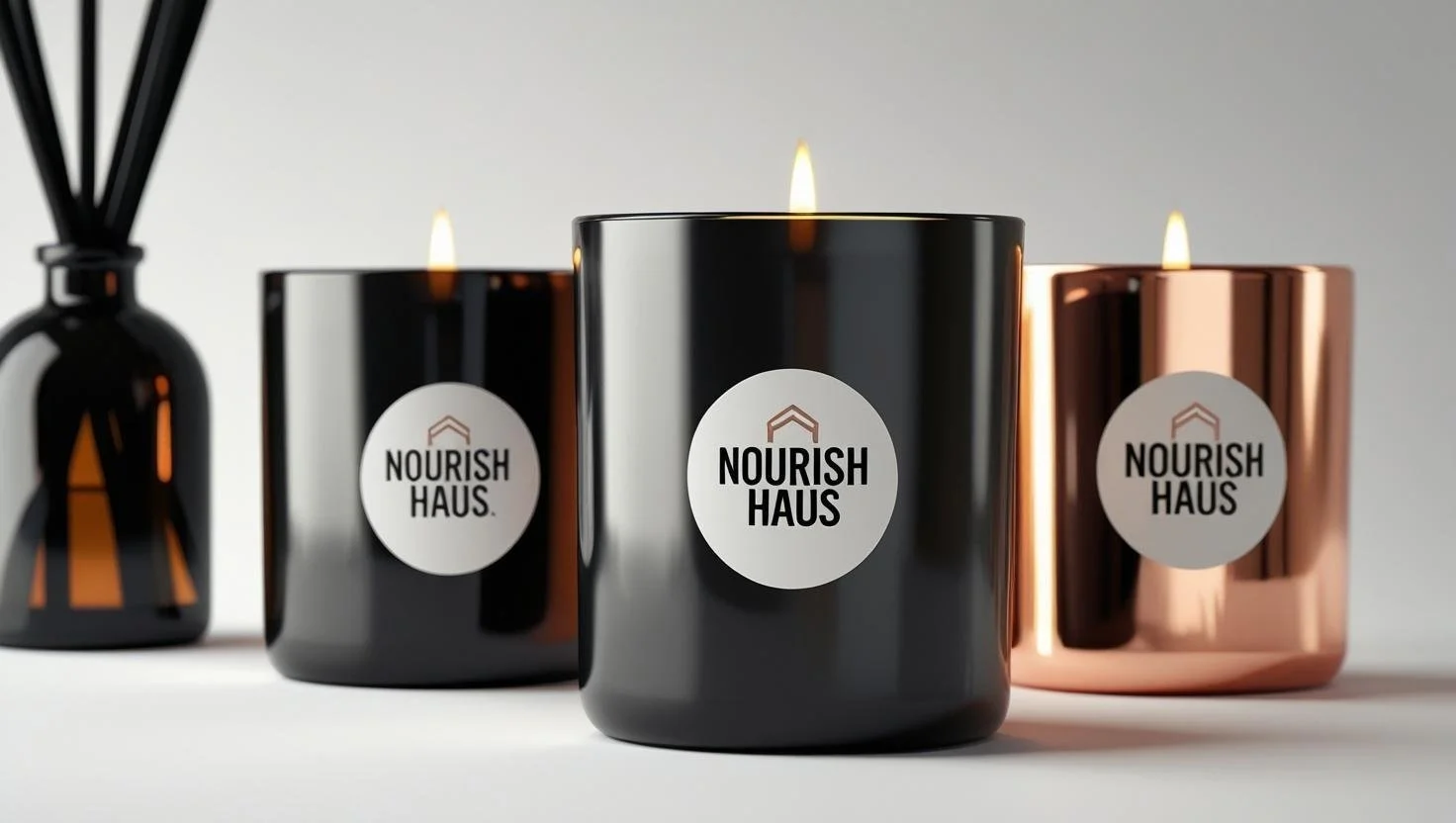 Three Black, silver, and rose gold scented candles with 'Nourish Haus' labels and lit flames, with a black reed diffuser on the left in a black bottle.