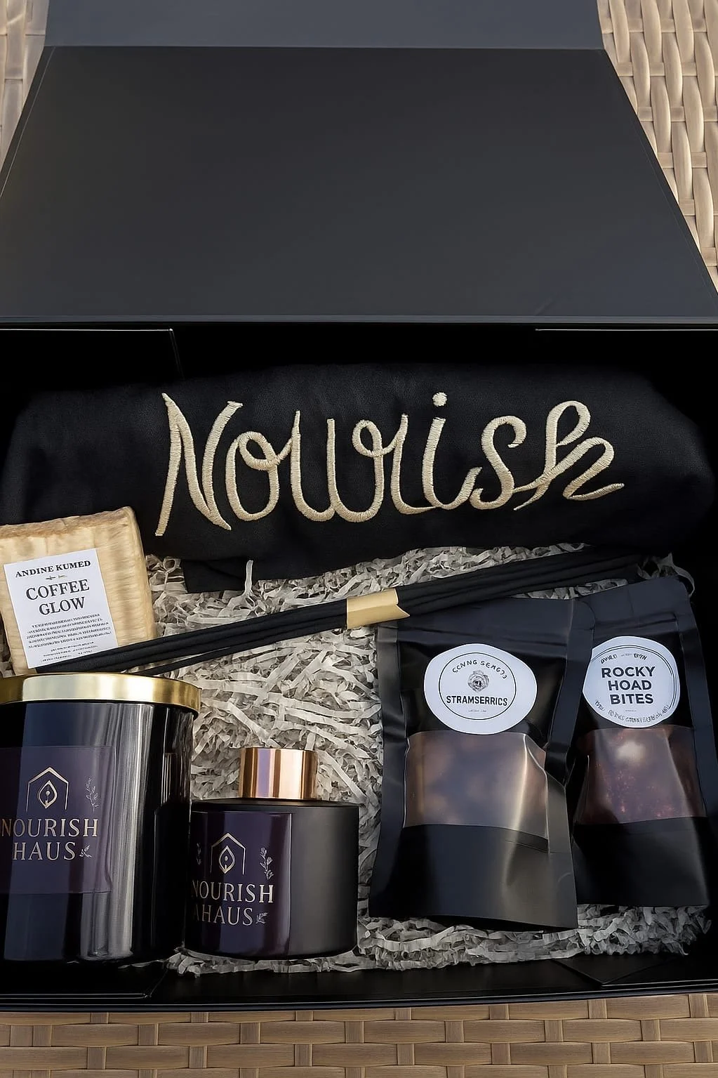 Gift box with Nourish Haus branded items including a tumbler, candle, and packets of coffee and snacks, with black clothing item and chopsticks inside a box lined with shredded paper.