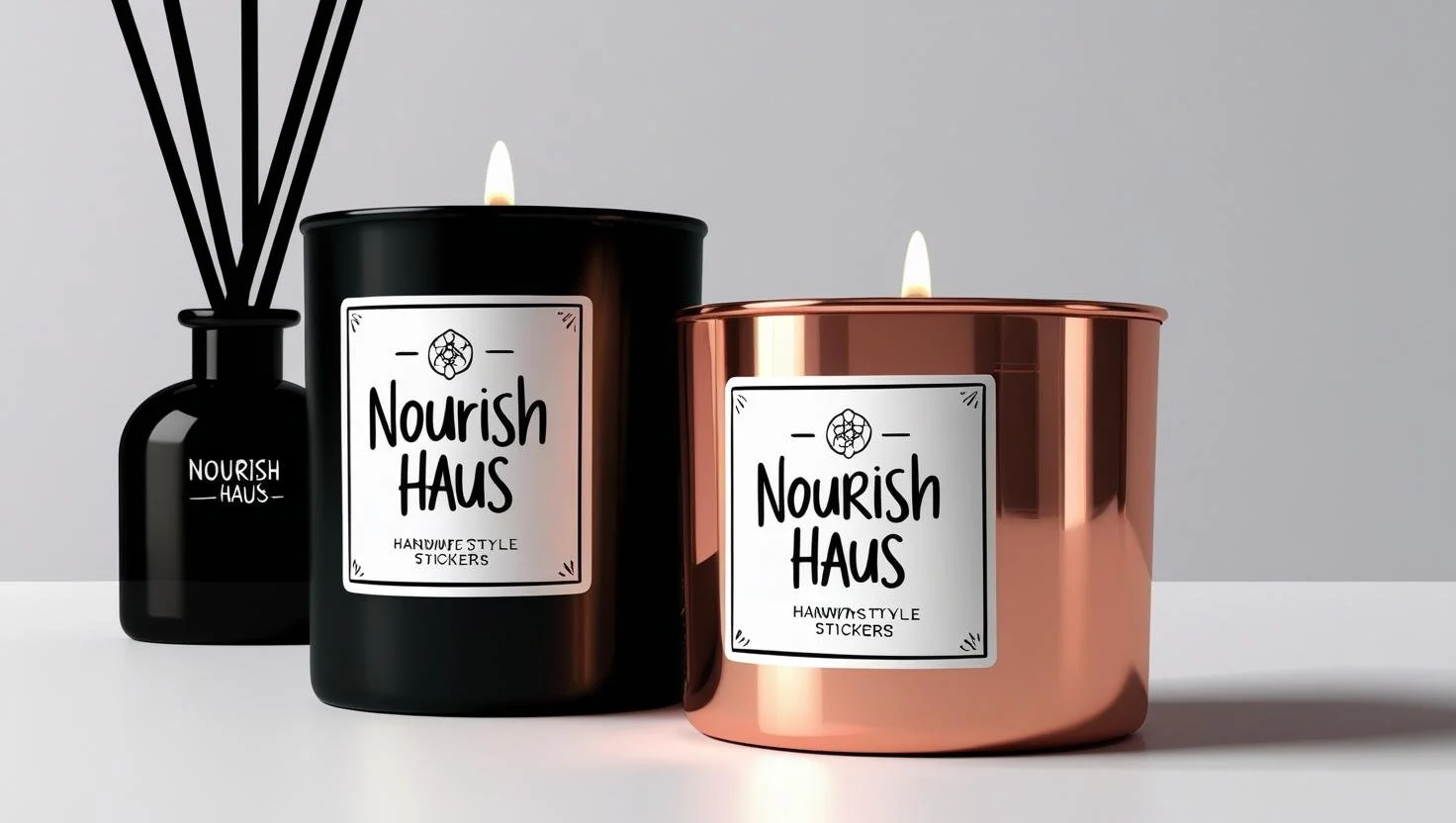 Black and rose gold candles with Nazian Stickers and a black reed diffuser on a white surface.