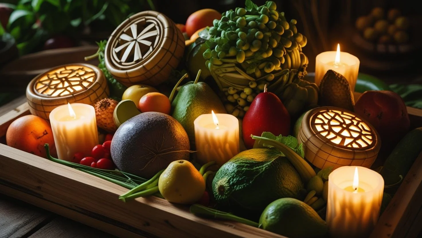 A wooden tray filled with green and red fruits, vegetables, and two candles and two wooden decorative boxes, illuminated by candlelight.