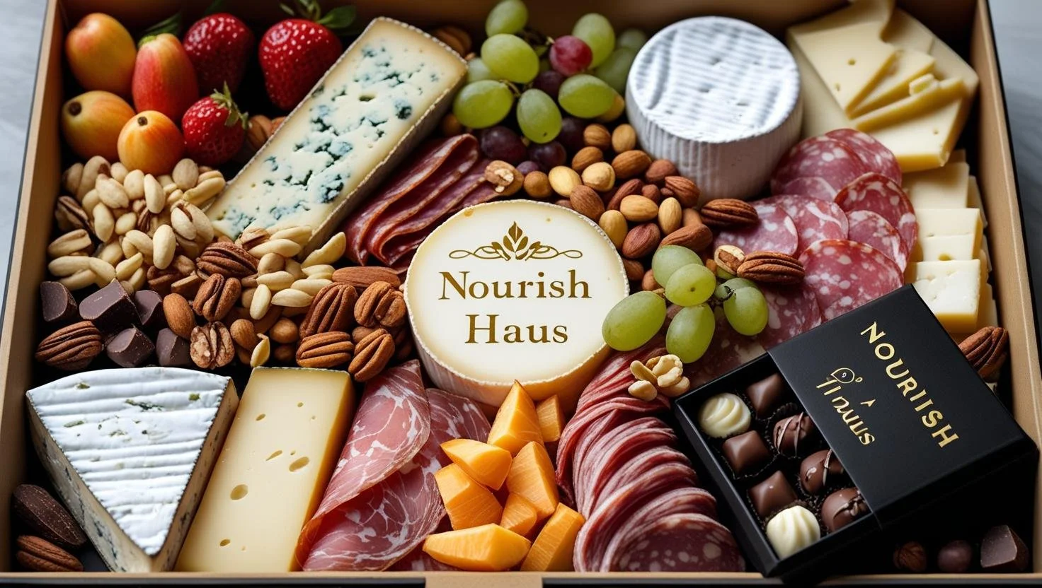 A cheese and charcuterie board with grapes, strawberries, nuts, and assorted cheeses, featuring a central round cheese labeled 'Nourish Haus'.