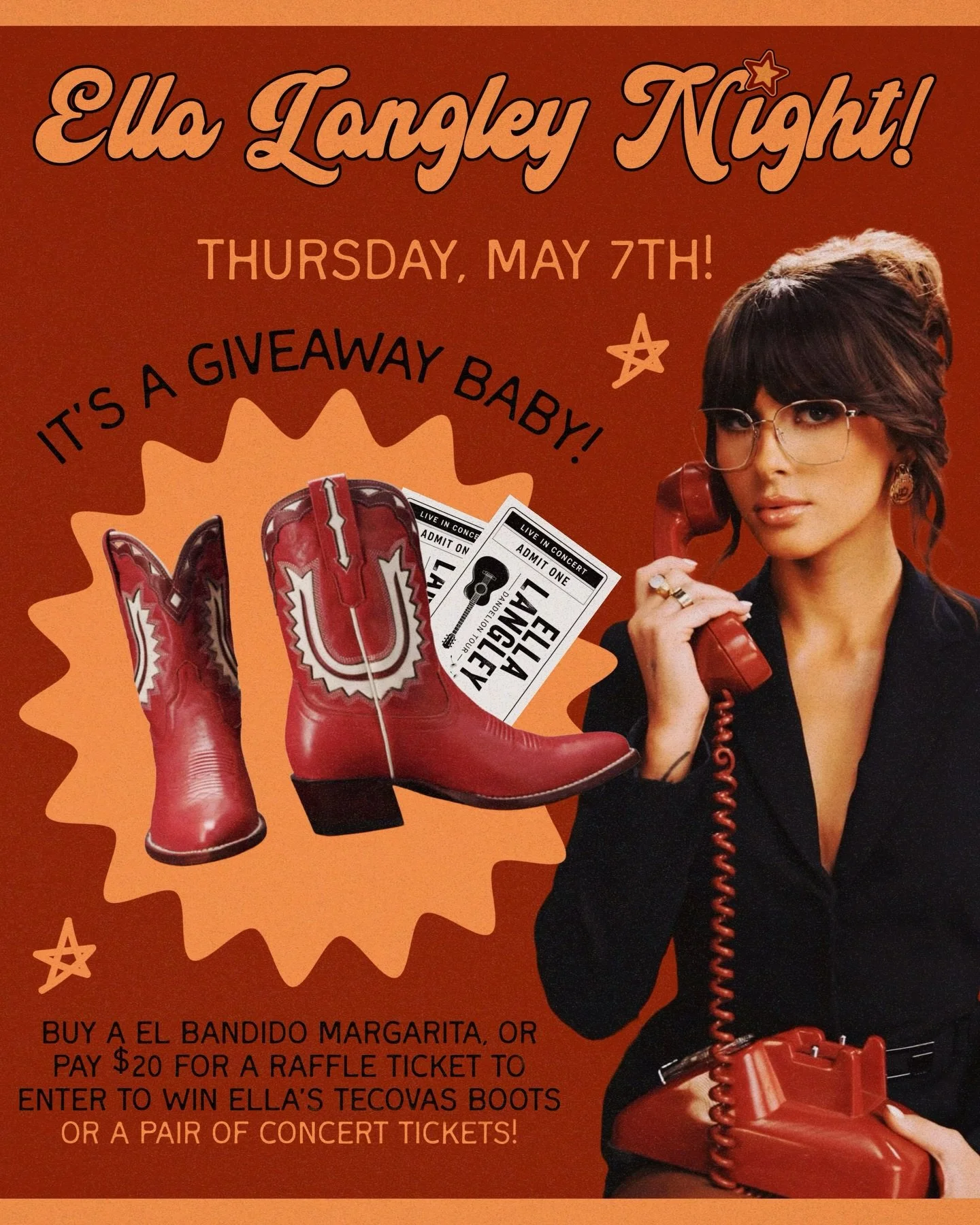 RING RING&hellip;.. ☎️ 

We heard you wanted another giveaway&hellip;. Join us Thursday, May 7th for ELLA LANGLEY NIGHT @ HENDY&rsquo;S! 

Buy an El Bandido Margarita or purchase a $20 raffle ticket for a chance to WIN Ella Langley&rsquo;s fav Tecova