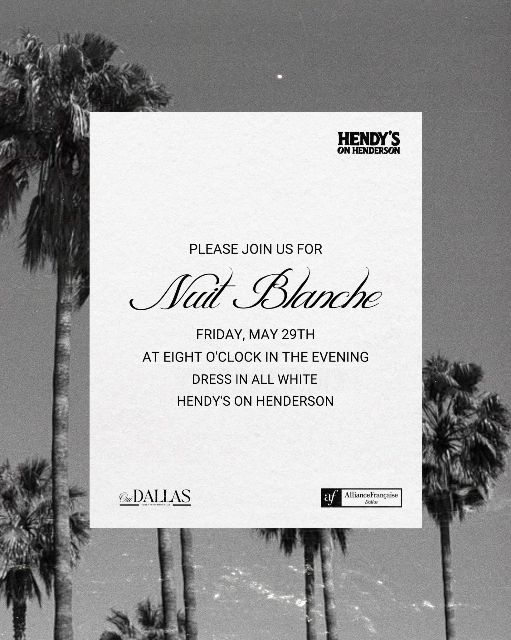 The spirit of the French Riviera is coming to Hendy&rsquo;s! Dress in all white and get ready for an unforgettable Nuit Blanche. Skip the line, special prices, and access to an exclusive space. You won&rsquo;t want to miss this! Friday, May 29th. Tic