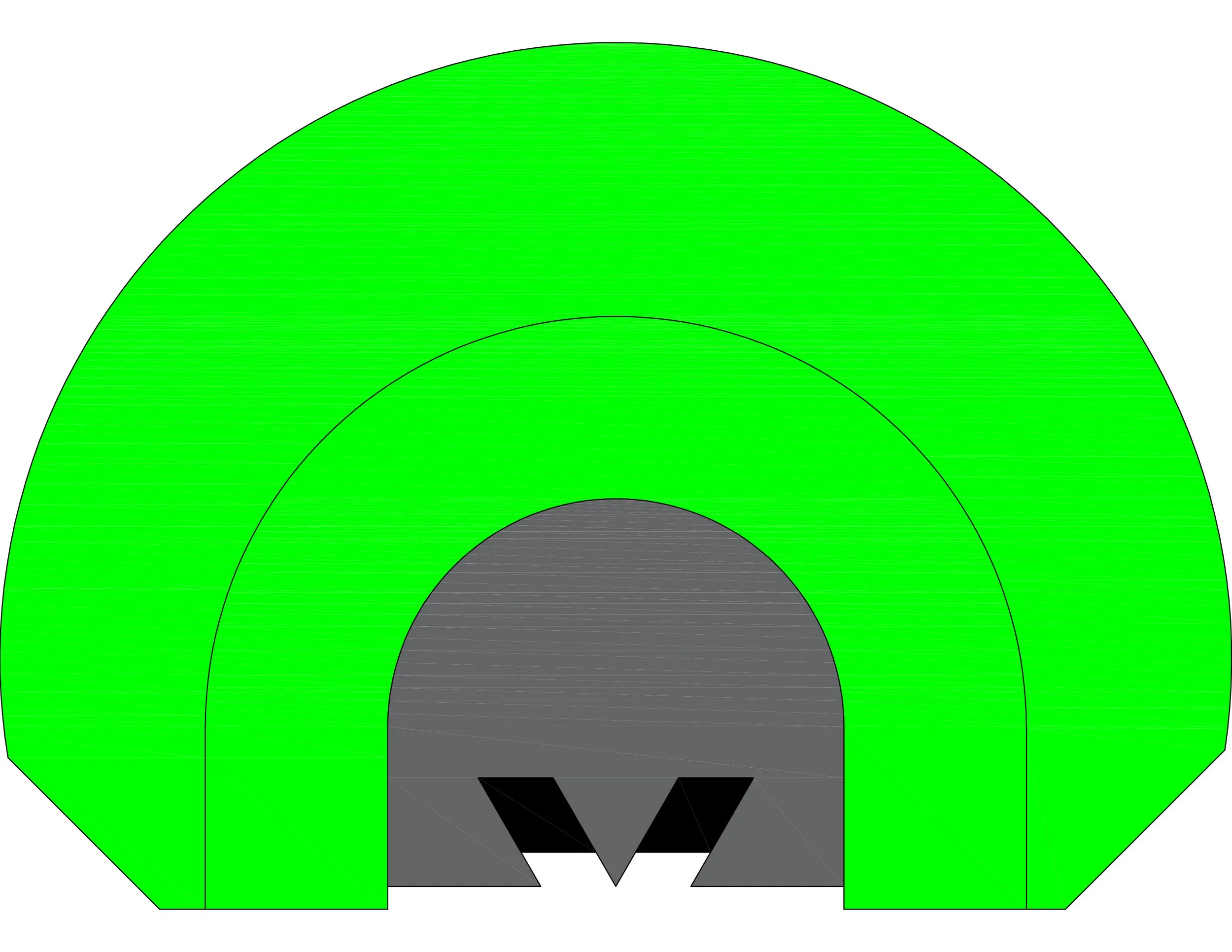 A 3D model of a tunnel with green walls, gray floor, and black entrance, viewed from the front.