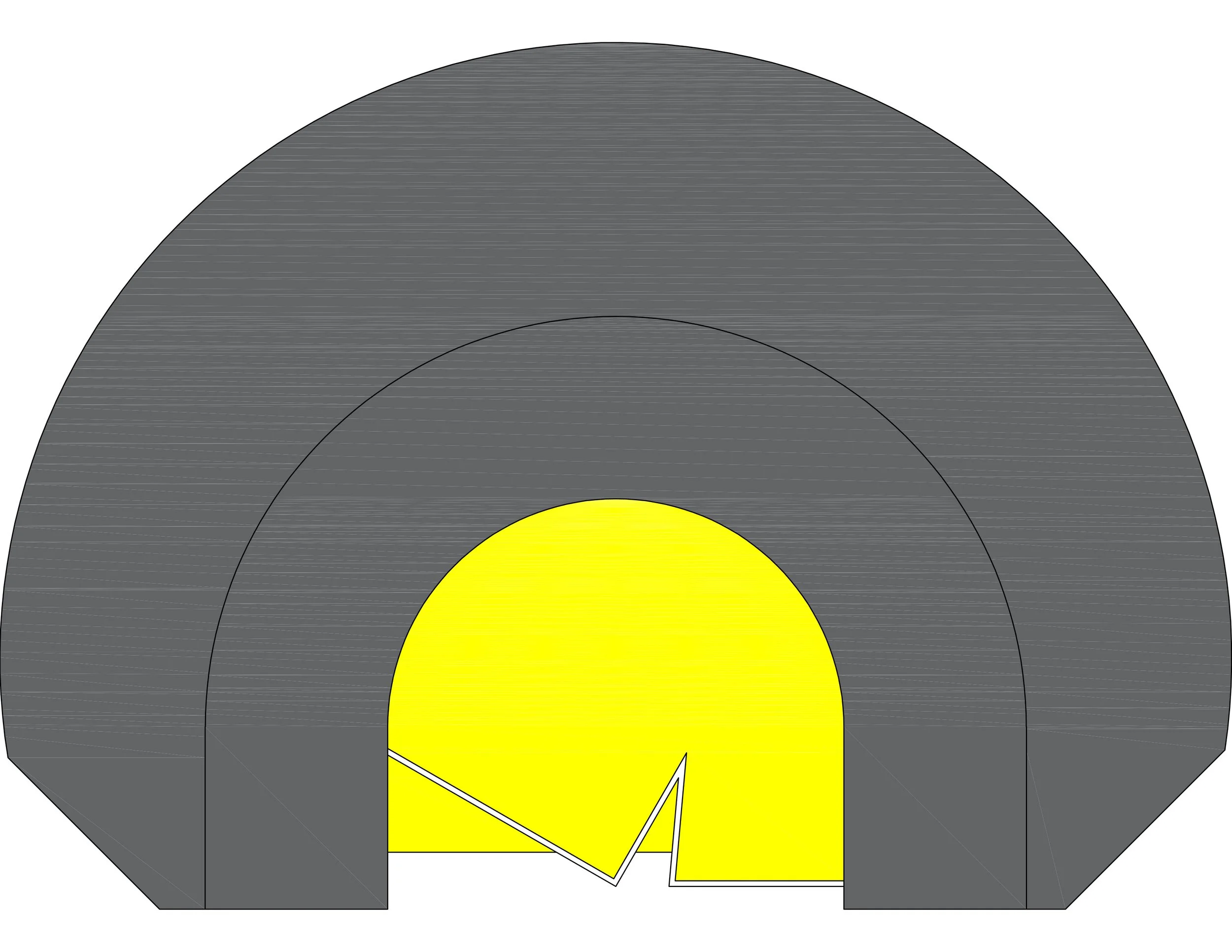 A cross-sectional diagram of a tunnel with colored layers representing different soil or rock types, featuring a yellow interior highlighting the tunnel pathway.