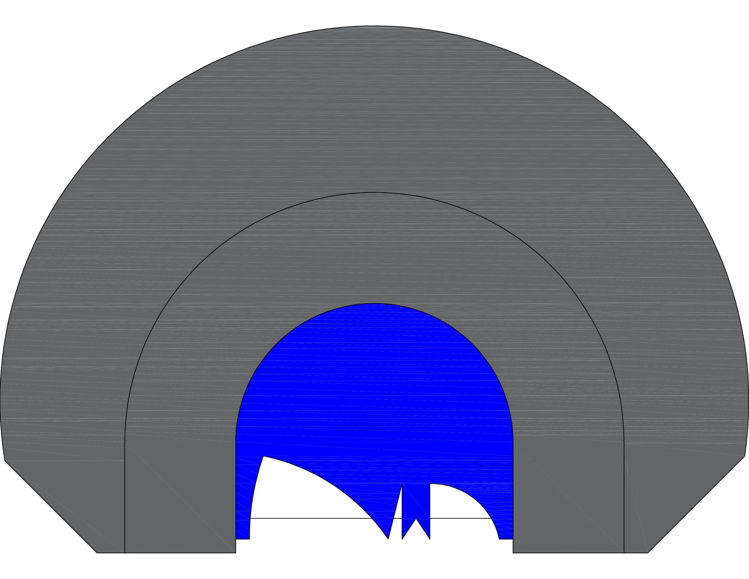 Digital rendering of a blue skull with sharp teeth, embedded in a gray, semi-circular structure with concentric rings.