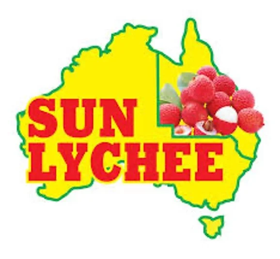 Logo featuring a yellow outline of Australia with a cluster of lychee fruit and green leaves, and the words 'SUN LYCHEE' in bold red letters.