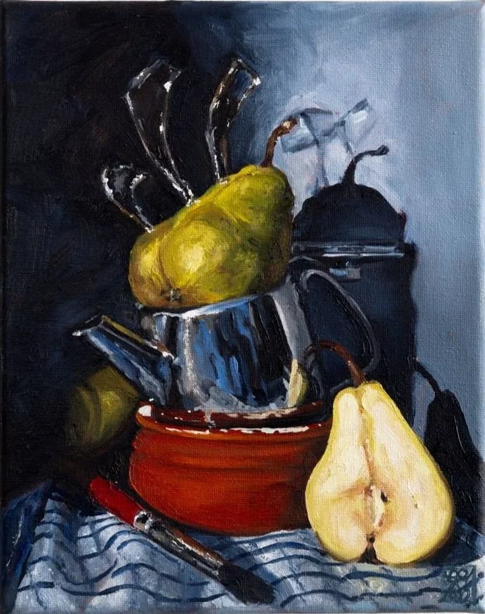 Pears and shattered glass, 20cm x 25.5cm, oil on canvas, 2022