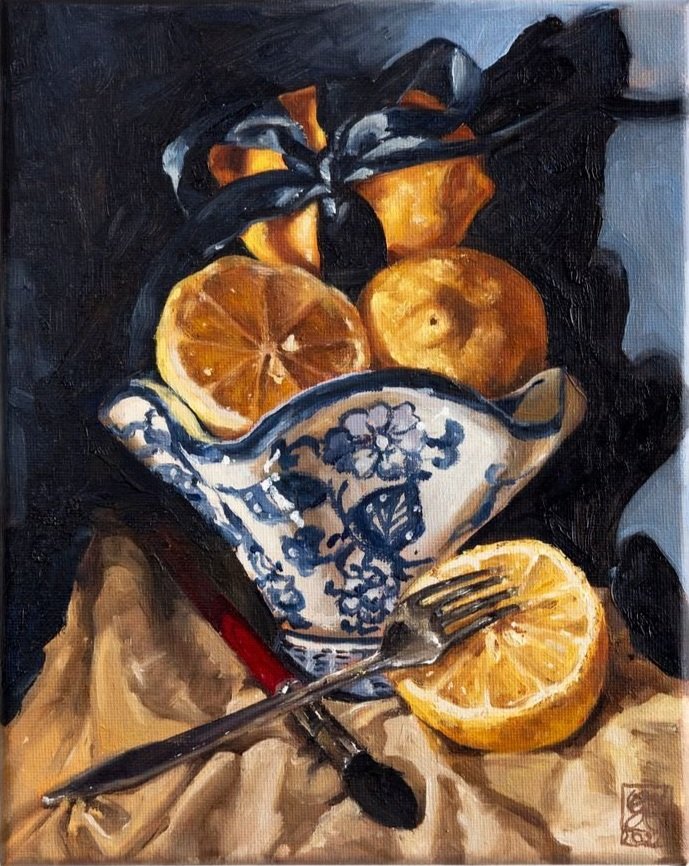 Lemon and fine china, 20cm x 25.5cm, oil on canvas, 2022
