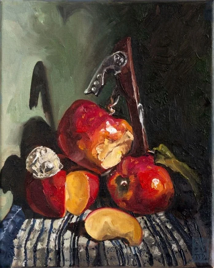 Three apples and shell, 20cm x 25.5cm, oil on canvas, 2022