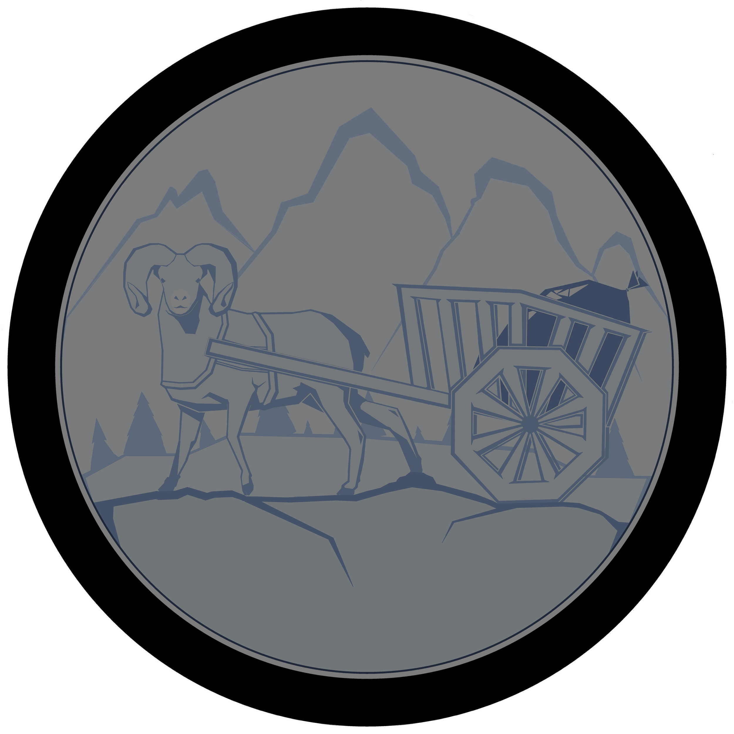 A stylized illustration of a mountain goat pulling a wooden cart in a mountainous landscape.