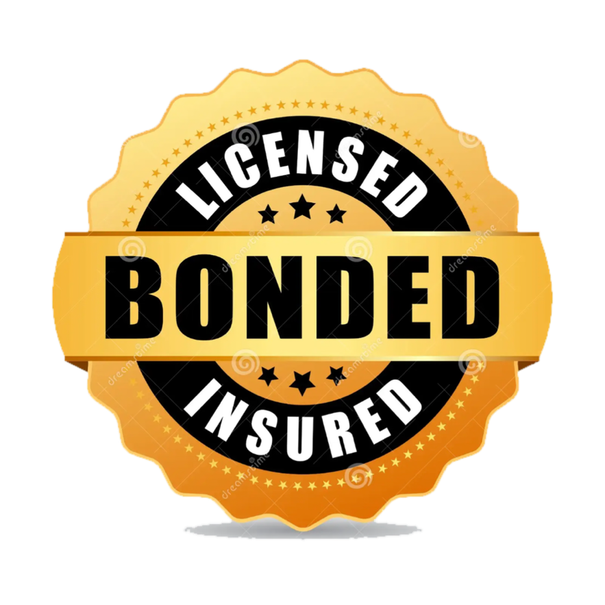 Gold and black badge with the words "Licensed" and "Insured" in white, and "Bonded" in bold black letters on a yellow banner across the center.