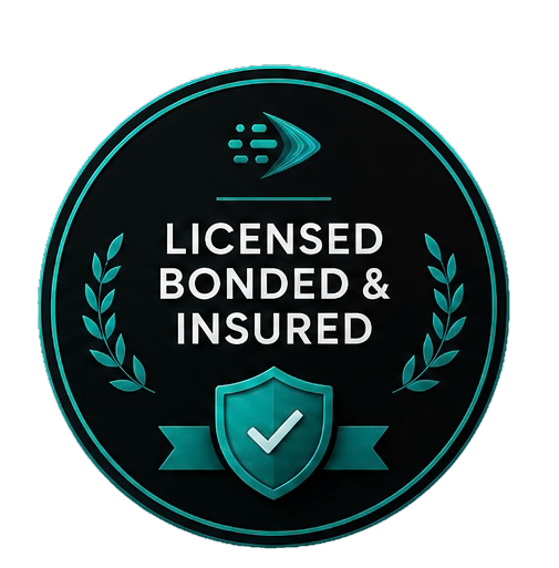 Badge with the text "Licensed Bonded & Insured" surrounded by a circular border, with a shield and checkmark, and laurel branches on either side.