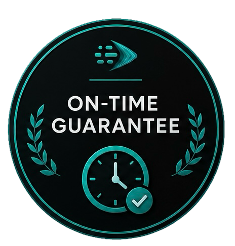 A digital badge with a clock and checkmark, stating 'On-Time Guarantee' with laurel leaves on each side, in a blue and black color scheme.