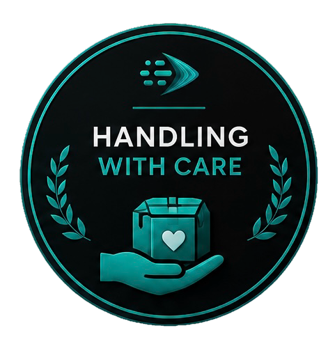 A circular badge with a dark background, featuring a hand holding a box with a heart symbol, surrounded by laurel branches, and the text 'Handling with Care' with an arrow design above. Indicating care is taken with every move.