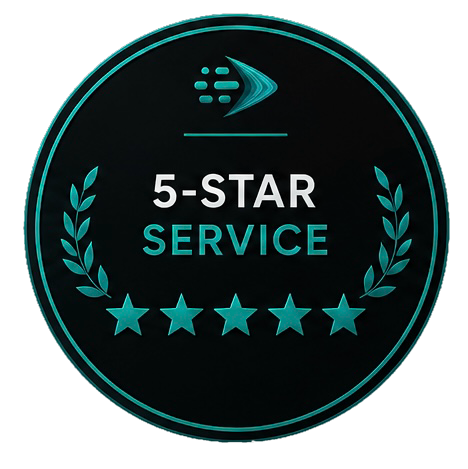 5-star service badge with a logo at the top, surrounded by laurel branches, indicating 5-star high-quality service.